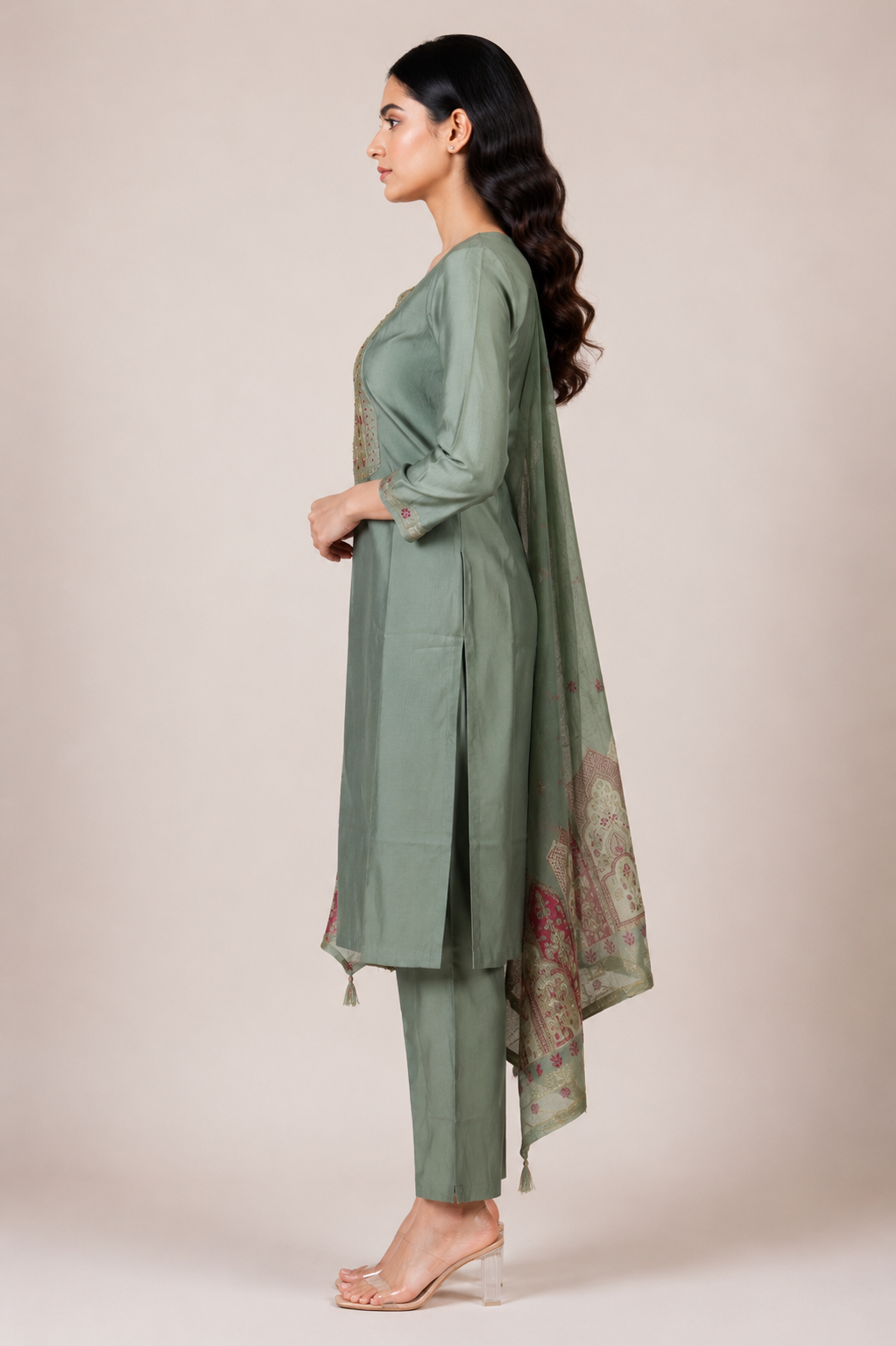 Women's Sage Green Embroidered Kurta Pant Set with Printed Dupatta | Round Neck | 3-Piece Ethnic Suit | Festive, Party & Wedding Wear SL15-445-GRN-PR - Image 2