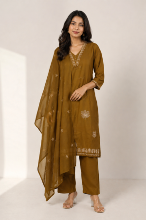 Women's Mustard Embroidered Kurta Pant Set with Dupatta | V-Neck | 3-Piece Ethnic Suit | Festive, Party & Wedding Wear SL18-445-MHD-PR