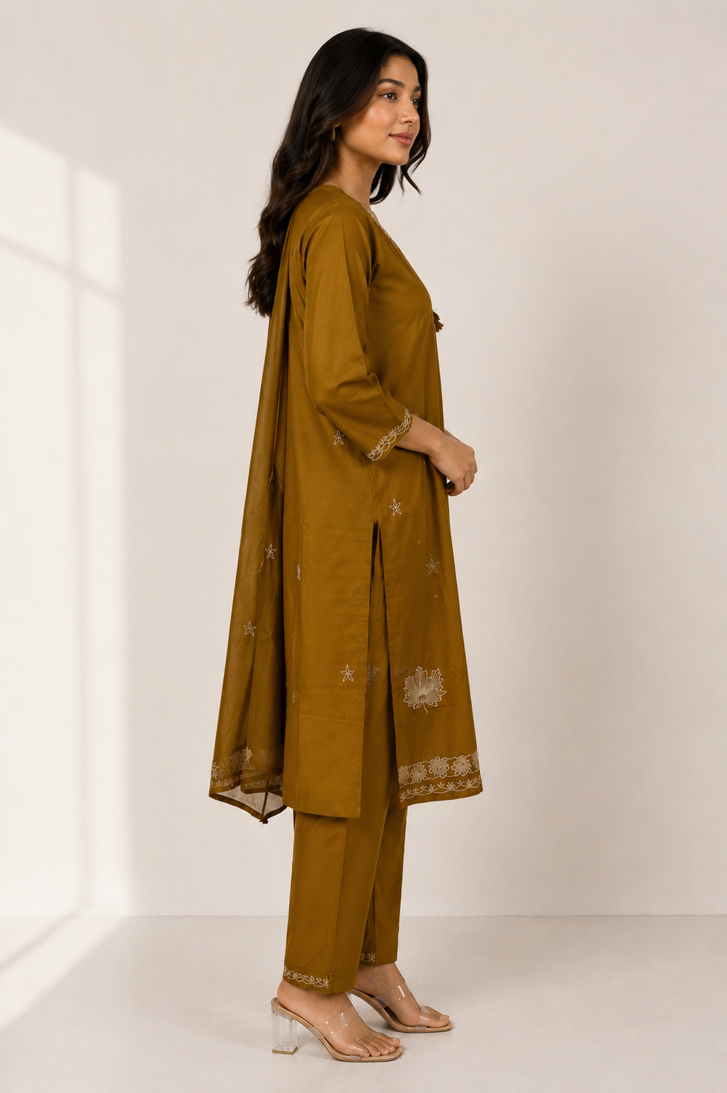 Women's Mustard Embroidered Kurta Pant Set with Dupatta | V-Neck | 3-Piece Ethnic Suit | Festive, Party & Wedding Wear SL18-445-MHD-PR - Image 2