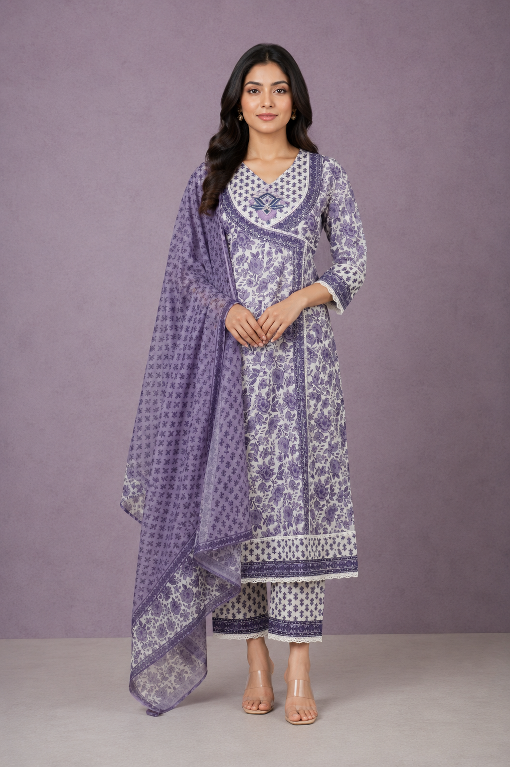 Women's Lavender Floral Printed Straight Kurta Pant Set with Dupatta | 3-Piece Ethnic Wear | Regular Fit | Festive & Casual Wear MSK0017-346-LAV-PR