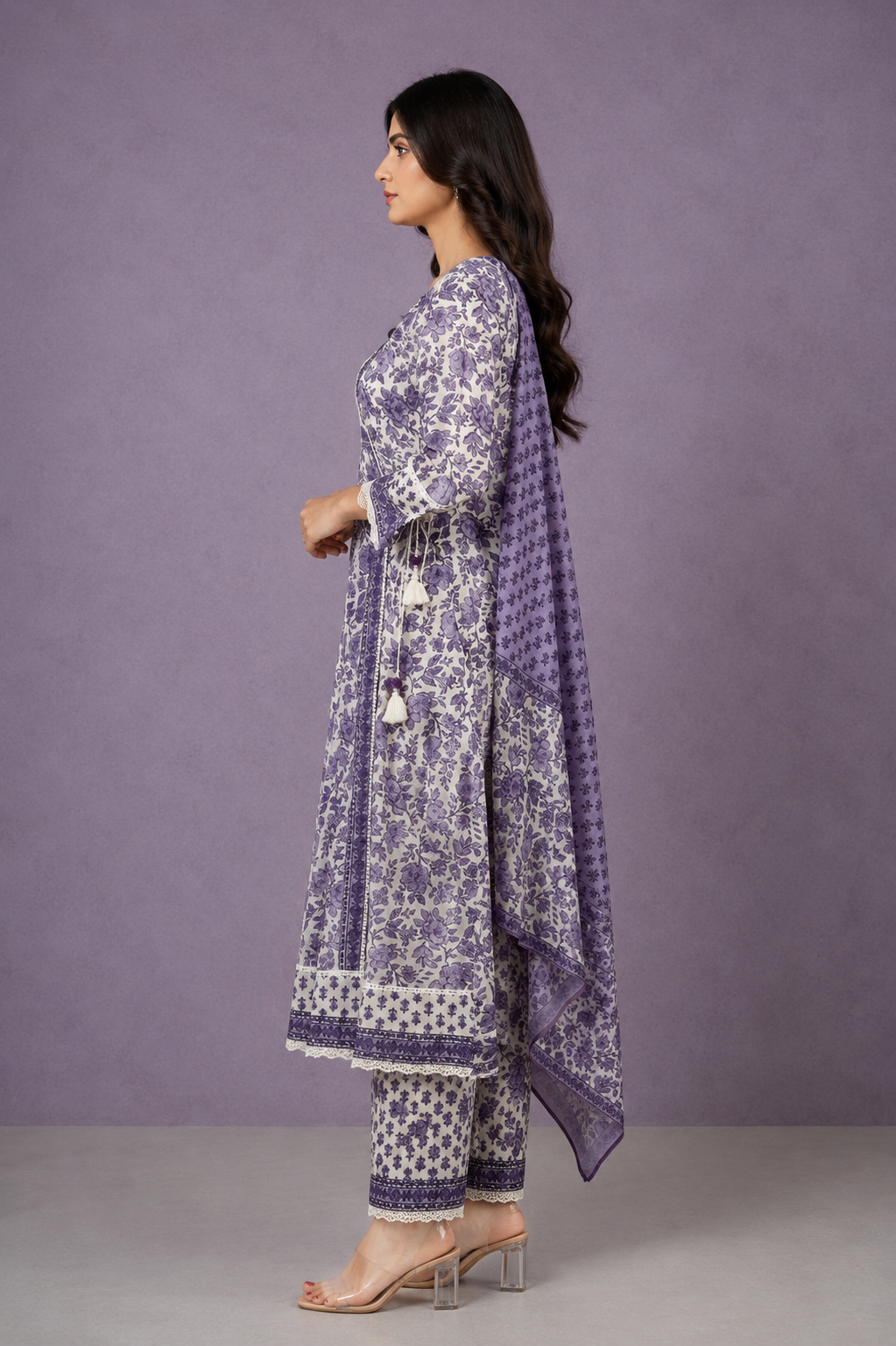 Women's Lavender Floral Printed Straight Kurta Pant Set with Dupatta | 3-Piece Ethnic Wear | Regular Fit | Festive & Casual Wear MSK0017-346-LAV-PR - Image 2