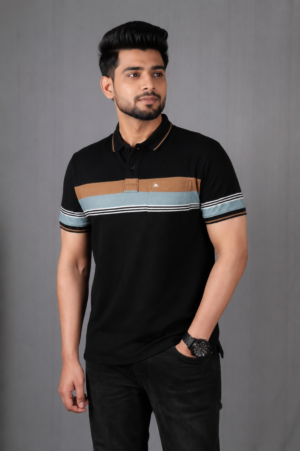 Men's Black Color Block Striped Polo T-Shirt | Premium Cotton Polo Neck Short Sleeve Tee 23524-268-BLK