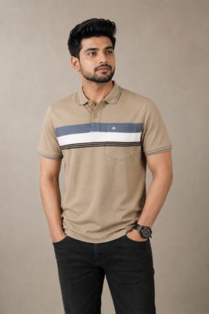 Men's Beige Color Block Striped Polo T-Shirt with Chest Pocket | Premium Cotton Polo Neck Tee 23524-268-BEG