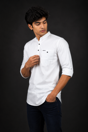 Men's White Mandarin Collar Slim Fit Cotton Casual Shirt | Full Sleeve Solid Kurta Style Shirt for Casual, Office & Party Wear INFINNITY-374-WHT