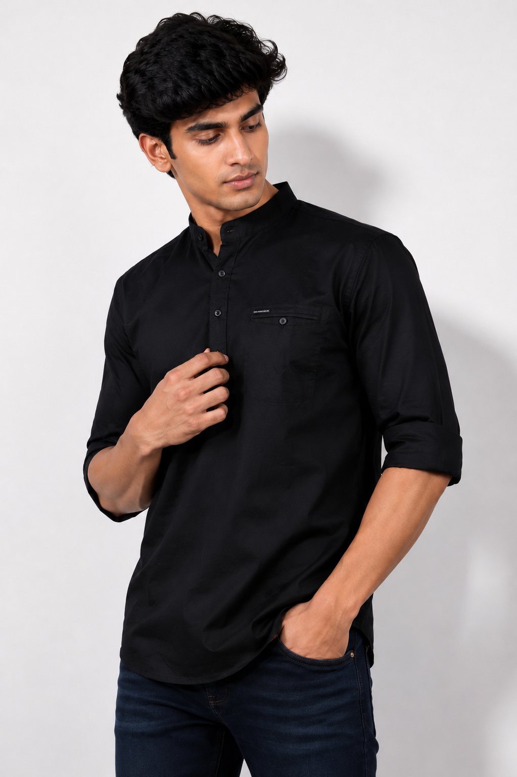 Men's Black Mandarin Collar Slim Fit Cotton Casual Shirt | Full Sleeve Solid Kurta Style Shirt for Casual, Office & Party Wear INFINNITY-374-BLK