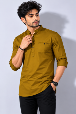 Men's Mustard Yellow Mandarin Collar Slim Fit Cotton Casual Shirt | Full Sleeve Solid Kurta Style Shirt for Casual, Office & Party Wear INFINNITY-374-MHD