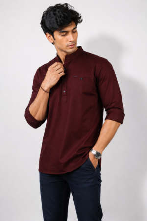 Men's Solid Maroon Mandarin Collar 3/4 Sleeve Slim Fit Casual Cotton T-Shirt INFINNITY-374-WNE
