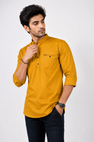 Men's Mustard Yellow Mandarin Collar Slim Fit Cotton Casual Shirt | Full Sleeve Solid Kurta Style Shirt for Casual, Office & Party Wear INFINNITY-374-MST