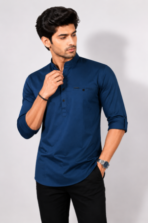 Men's Solid Navy Blue Mandarin Collar Casual Kurta Shirt | Slim Fit Roll-Up Sleeves INFINNITY-374-AF