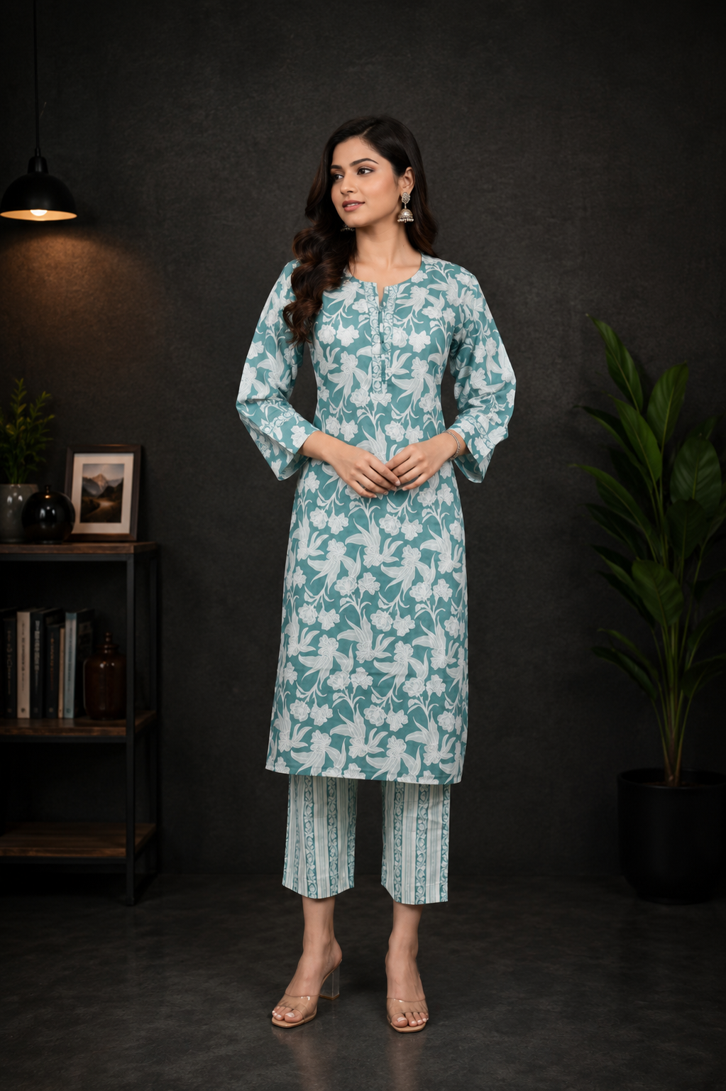 Women's Sea Green Floral Printed Kurta & Straight Pants Set | Regular Fit | 3/4 Sleeves | Casual, Office & Ethnic Wear NP005-349-GRN-FL