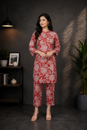 Women's Red Floral Printed Kurta & Straight Pants Set | Regular Fit | 3/4 Sleeves | Casual, Office & Festive Wear NP005-349-ORG-FL