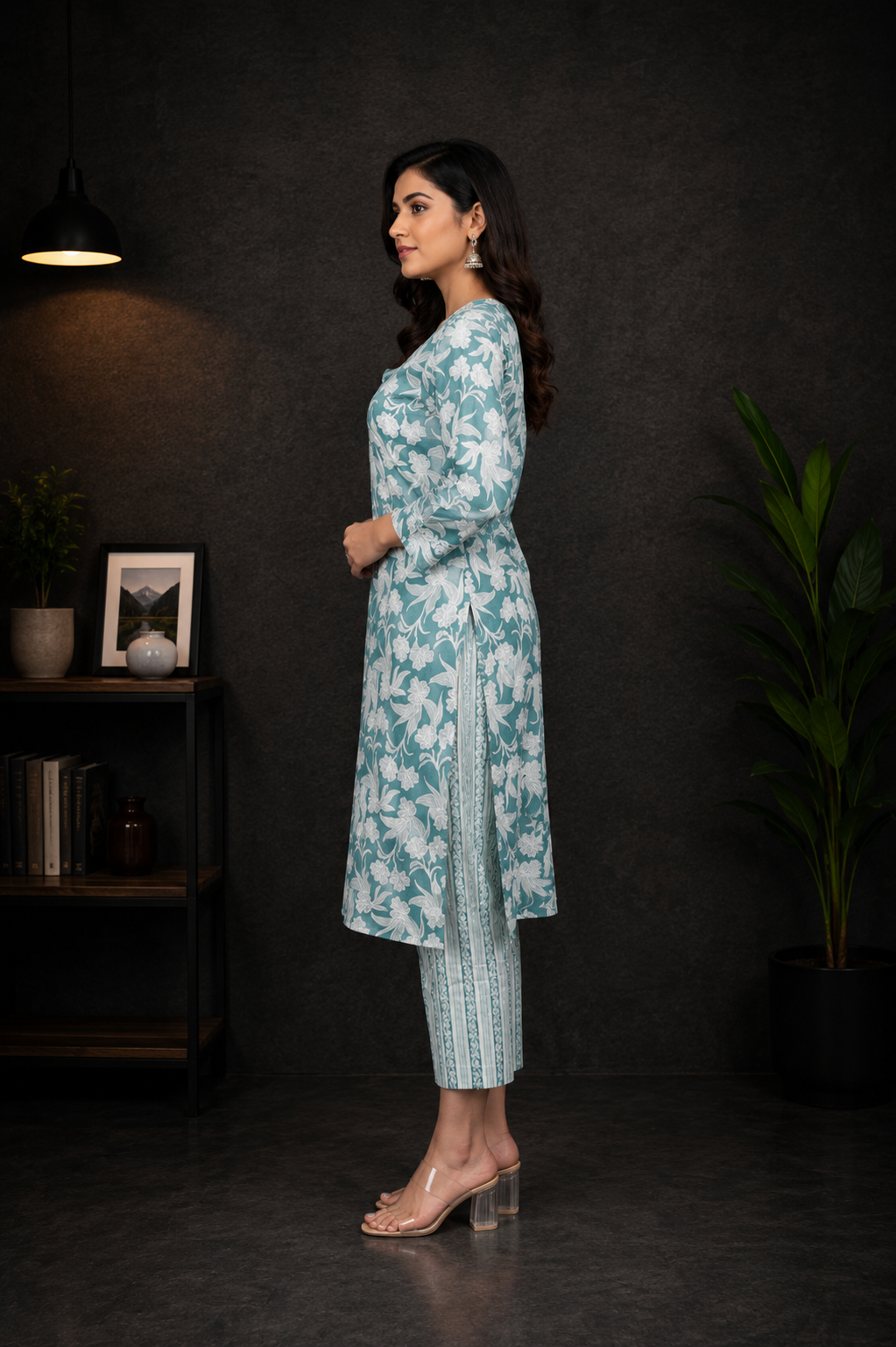 Women's Sea Green Floral Printed Kurta & Straight Pants Set | Regular Fit | 3/4 Sleeves | Casual, Office & Ethnic Wear NP005-349-GRN-FL - Image 2