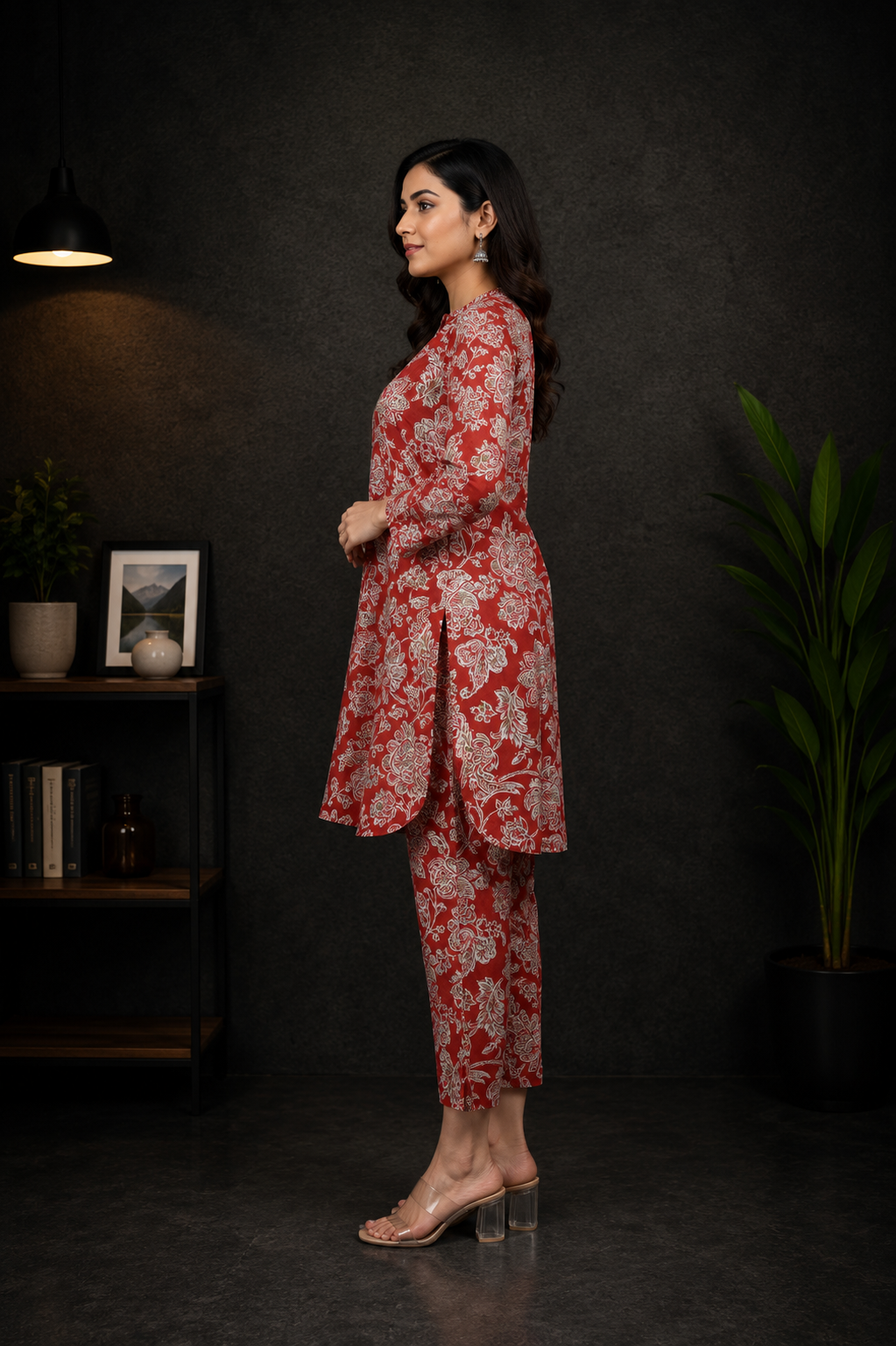 Women's Red Floral Printed Kurta & Straight Pants Set | Regular Fit | 3/4 Sleeves | Casual, Office & Festive Wear NP005-349-ORG-FL - Image 2