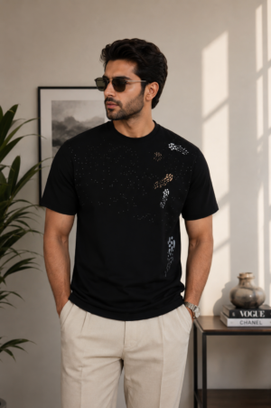 Men's Black Abstract Graphic Printed T-Shirt | Premium Cotton | Regular Fit | Half Sleeve Round Neck Casual Tee 8438-428-BLK