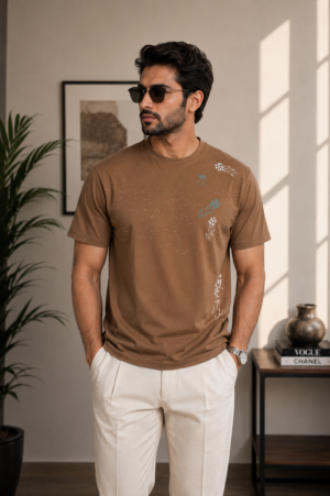 Men's Coffee Brown Graphic Printed T-Shirt | Premium Cotton | Regular Fit | Half Sleeve Round Neck Casual Tee 8438-428-BEG