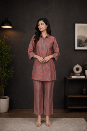 Women's Rust Pink Floral Printed Kurta & Straight Pants Set | Regular Fit | 3/4 Sleeves | Casual, Office & Ethnic Wear NP007-349-RST-FL
