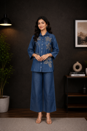 Women's Blue Floral Printed Co-Ord Set | Full Sleeve Shirt & Wide-Leg Palazzo Pants | Regular Fit | Casual & Office Wear R02-420-DNM WHT-BT-GLD