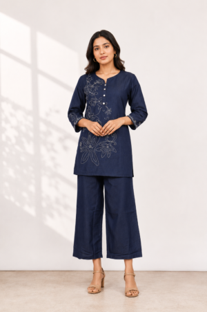 Women's Navy Blue Floral Embroidered Co-Ord Set | Straight Kurta with Wide-Leg Pants R06-2-420-DNM-PR