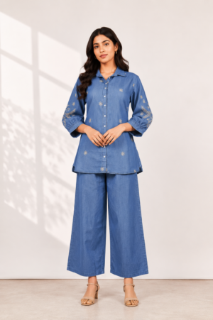 Women's Steel Blue Embroidered Co-Ord Set | Straight Kurta with Wide-Leg Pants R06-3-420-DNM-PR