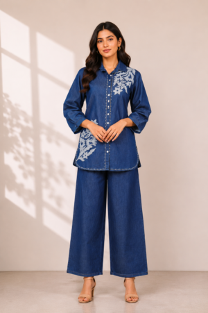 Women's Navy Blue Embroidered Co-Ord Set | Straight Kurta with Wide-Leg Pants R06-4-420-DNM-PR