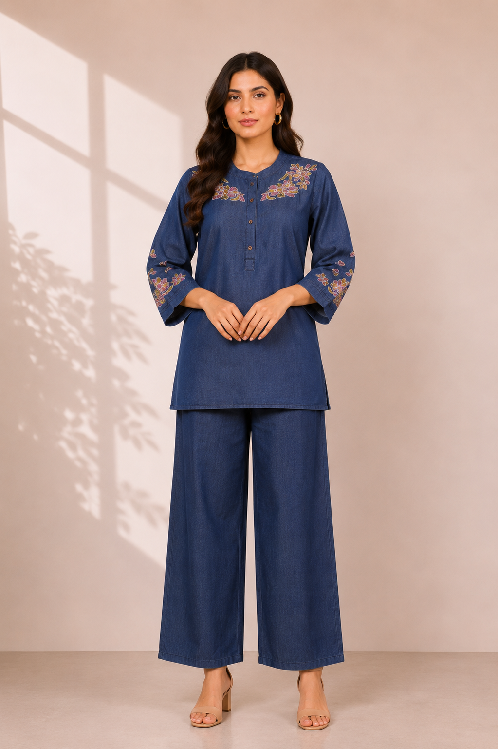 Women's Navy Blue Embroidered Co-Ord Set | Elegant Cotton Kurta & Wide Leg Pants R06-5-420-DNM-PR