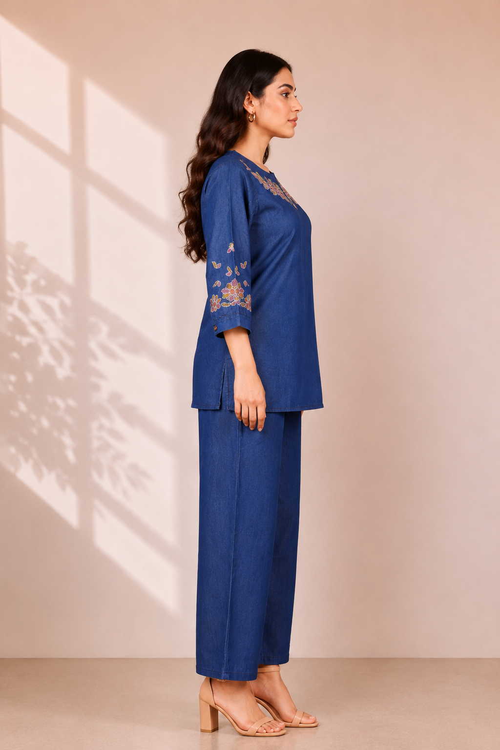 Women's Navy Blue Embroidered Co-Ord Set | Elegant Cotton Kurta & Wide Leg Pants R06-5-420-DNM-PR - Image 2