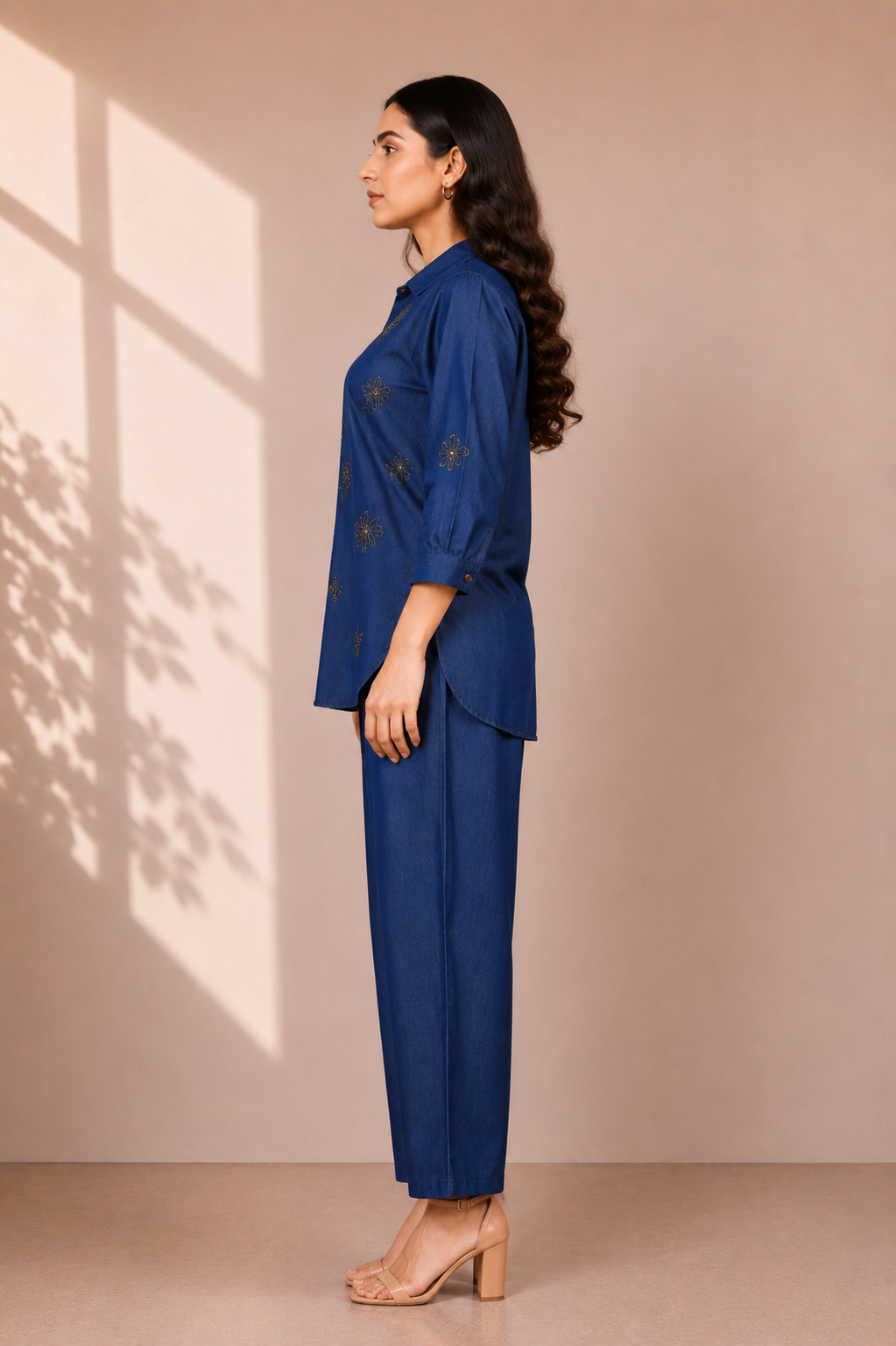 Women's Navy Blue Embroidered Co-Ord Set | Premium Cotton Shirt & Wide Leg Pants R06-6-420-DNM-PR - Image 2
