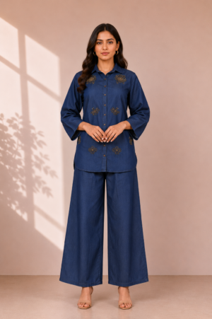 Women's Navy Blue Embroidered Co-Ord Set | Premium Cotton Shirt & Wide Leg Pants R06-6-420-DNM-PR