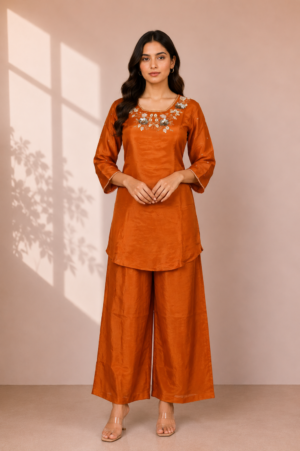 Women's Rust Orange Embroidered Kurta & Palazzo Set | Straight Fit | 3/4 Sleeves | Ethnic Festive Wear SI02-418-RST-PL