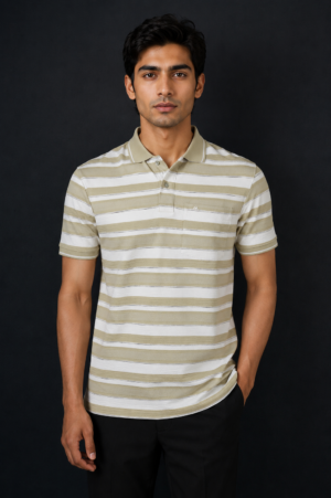 Men's Green  & White Striped Polo Neck T-Shirt – Smart Casual Cotton Polo Wear 23523-268-L.GRN