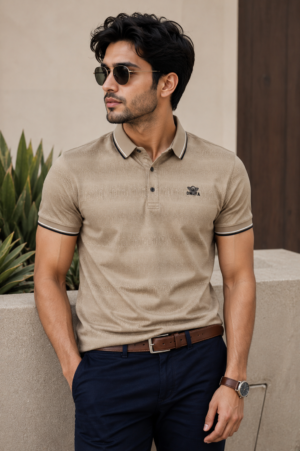 Men's Beige Polo T-Shirt with Embroidered Chest Logo | Premium Cotton Short Sleeve Polo 33885-268-BEG