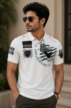 Men's White Military Graphic Patch Polo T-Shirt | Premium Cotton | Regular Fit | Half Sleeve Smart Casual Polo Tee 5438-389-OW