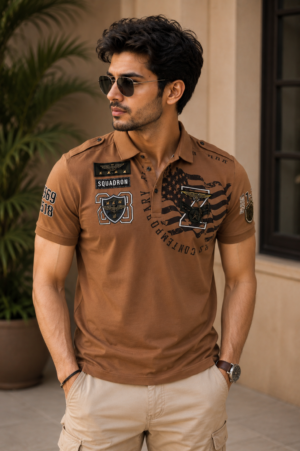 Men's Coffee Brown Military Graphic Patch Polo T-Shirt | Premium Cotton | Regular Fit | Half Sleeve Smart Casual Polo Tee 5438-389-CML