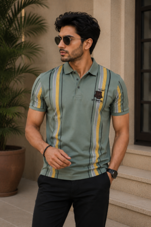 Men's Sage Green Vertical Striped Polo T-Shirt | Premium Cotton | Regular Fit | Half Sleeve Smart Casual Polo Tee 7227-422-PST GRN