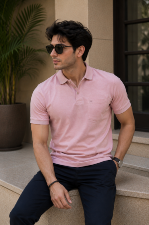 Men's Light Pink Solid Polo T-Shirt with Chest Pocket | Premium Cotton Short Sleeve Polo 31253-268-PCH