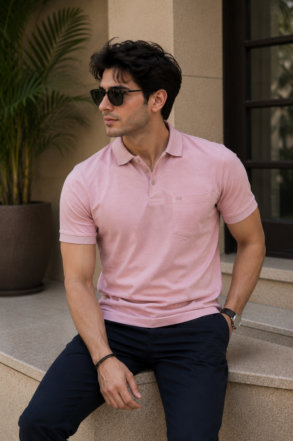 Men's Light Pink Solid Polo T-Shirt with Chest Pocket | Premium Cotton Short Sleeve Polo 31253-268-PCH