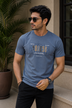 Men's Steel Blue Typography Graphic Print Crew Neck T-Shirt | Casual Half Sleeve Cotton Tee RN3086-268-GRY