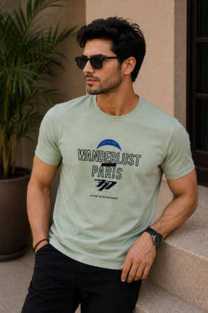 Men's Sage Green Wanderlust Paris Graphic Print Crew Neck T-Shirt | Casual Half Sleeve Cotton Tee RN3086-268-L GRN