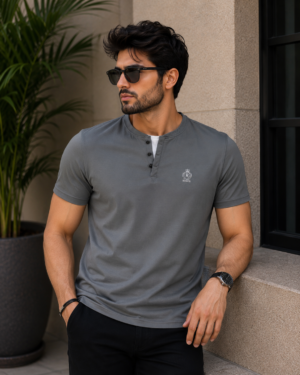 Men's Solid Slate Grey Henley Neck T-Shirt | Premium Cotton | Regular Fit | Half Sleeve Casual Tee 8476-428-GRY