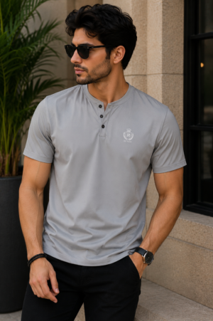 Men's Solid Light Grey Henley Neck T-Shirt | Premium Cotton | Regular Fit | Half Sleeve Casual Tee 8476-428-LBU