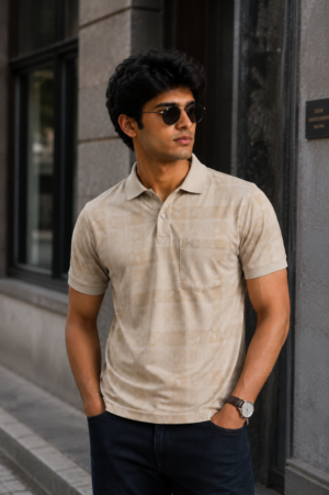 Men's Sand Beige Textured Polo T-Shirt | Premium Cotton | Regular Fit | Half Sleeve Smart Casual Polo Tee 148-268-BGE