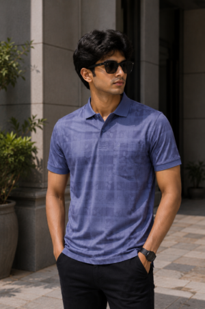 Men's Royal Blue Textured Polo T-Shirt | Premium Cotton | Regular Fit | Half Sleeve Smart Casual Polo Tee 148-268-BLU
