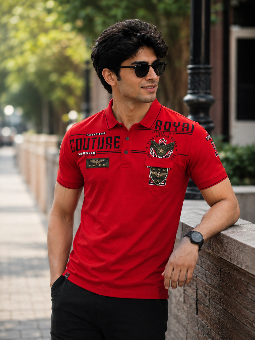 Men's Red Polo Neck T-Shirt – Graphic Print & Embroidered Patch Smart Casual Wear 14175-338-RD