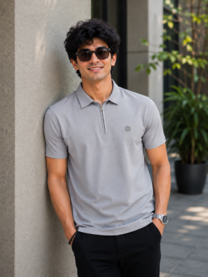 Men's Light Grey Solid Polo T-Shirt with Chest Logo | Premium Cotton Short Sleeve Polo Neck Tee 12017-268-GRY