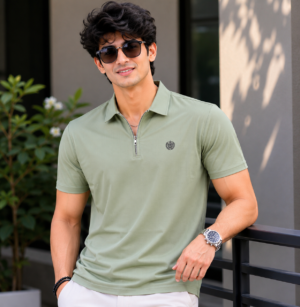 Men's Sage Green Zip Polo T-Shirt with Chest Logo | Premium Short Sleeve Polo Neck Tee 12017-268-L.GRN