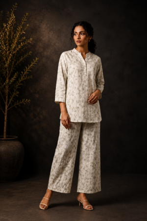 Women's Ivory Floral Printed Co-Ord Set | Regular Fit Top & Wide-Leg Palazzo Pants | Casual, Office & Summer Wear 9702-268-FGN-FL