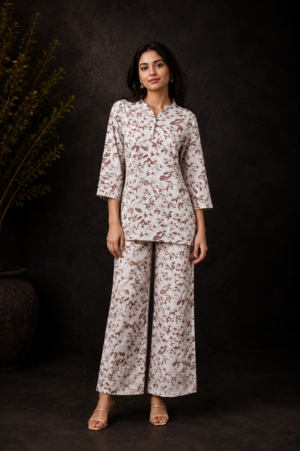 Women's White Floral Printed Co-Ord Set | Regular Fit Top & Wide-Leg Palazzo Pants | Casual, Office & Summer Wear 9702-268-RED-FL