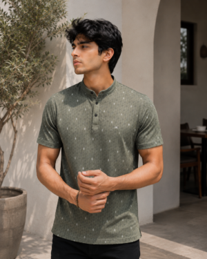 Men's Olive Green Micro Print Henley Neck T-Shirt | Premium Cotton | Regular Fit | Half Sleeve Smart Casual Tee 4008-278-GRN-PR