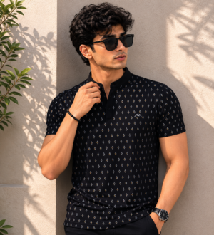Men's Black All-Over Geometric Printed Polo T-Shirt | Premium Cotton | Regular Fit | Half Sleeve Smart Casual Polo Tee 4008-278-BLK-PR