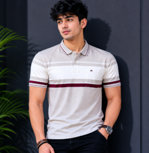 Men's Off-White Striped Polo T-Shirt with Maroon Contrast Detail | Premium Cotton Short Sleeve Polo 23063-278-GRY OW